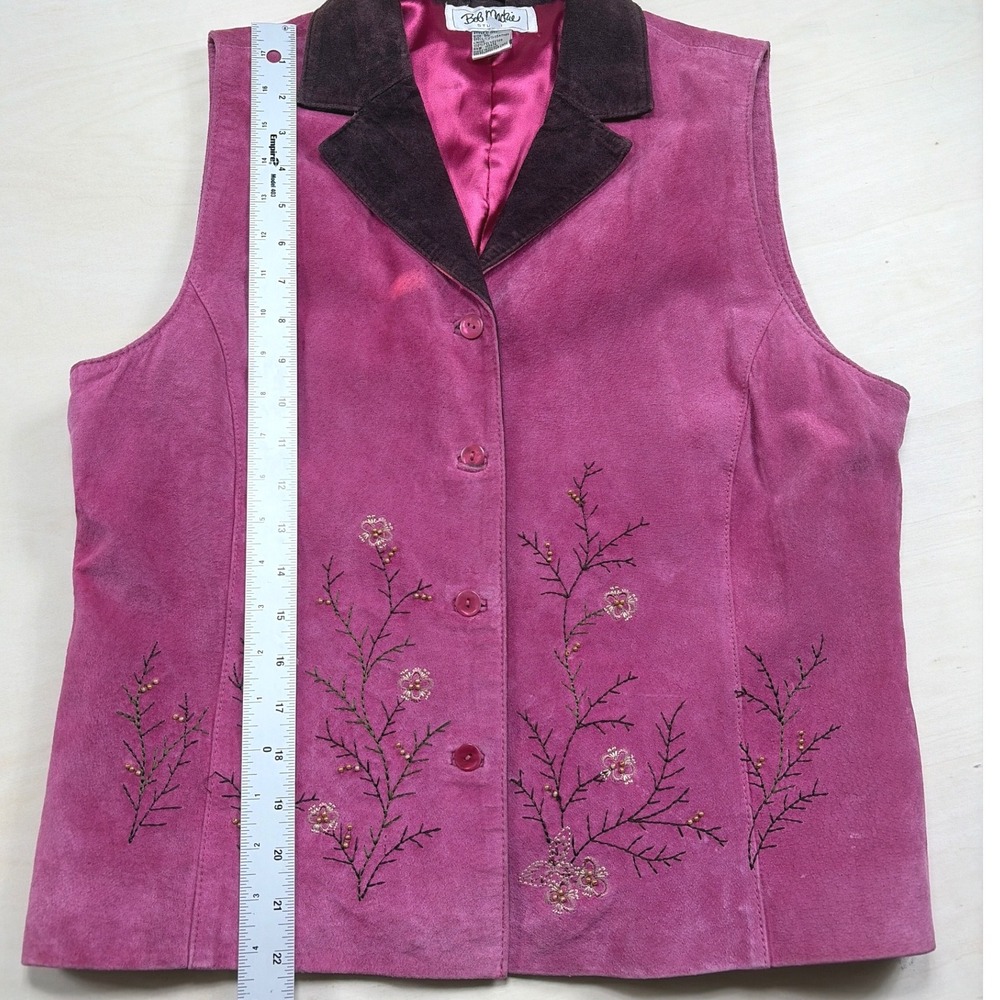 Bob Mackie Studio Magenta Pink Suede Leather Embroidered Beaded Vest Size 10 - Picture 3 of 8